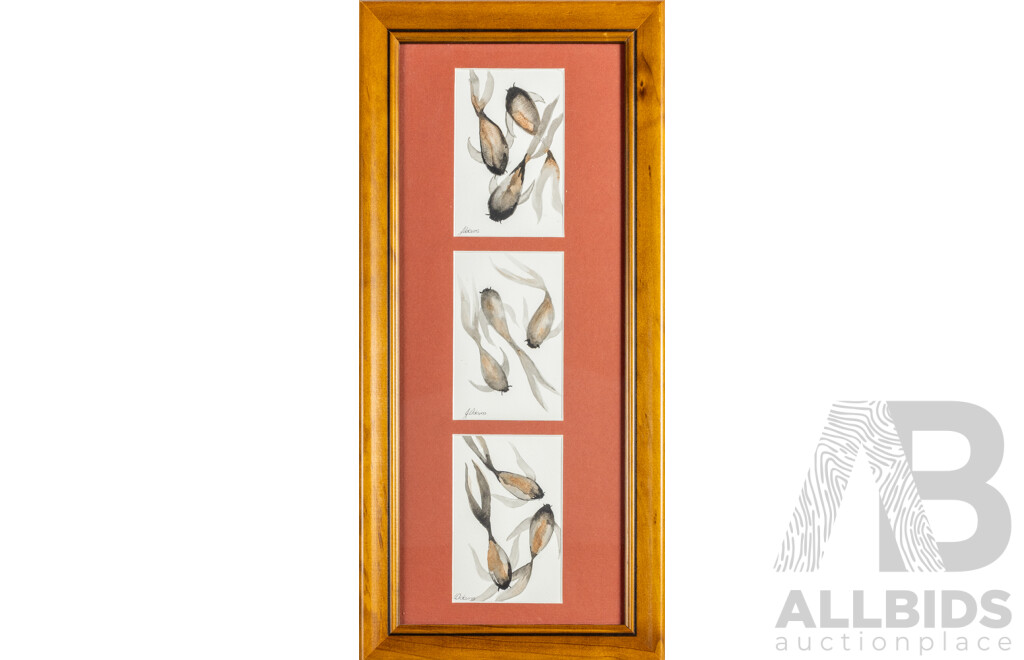 J. Adams (20th Century), Nine Koi Blessings, Original Watercolour, 58H x 28W cm (frame)