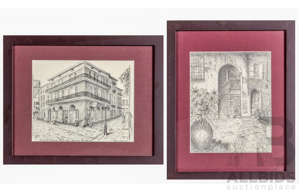 Archie C. Boyd (20th Century, American, 1928), Brulatour Courtyard & Pirate's Parsonage, New Orleans (1974), Pair of Prints After Original Drawings, 39H x 32W & 32W x 39H cm (frames) (2)