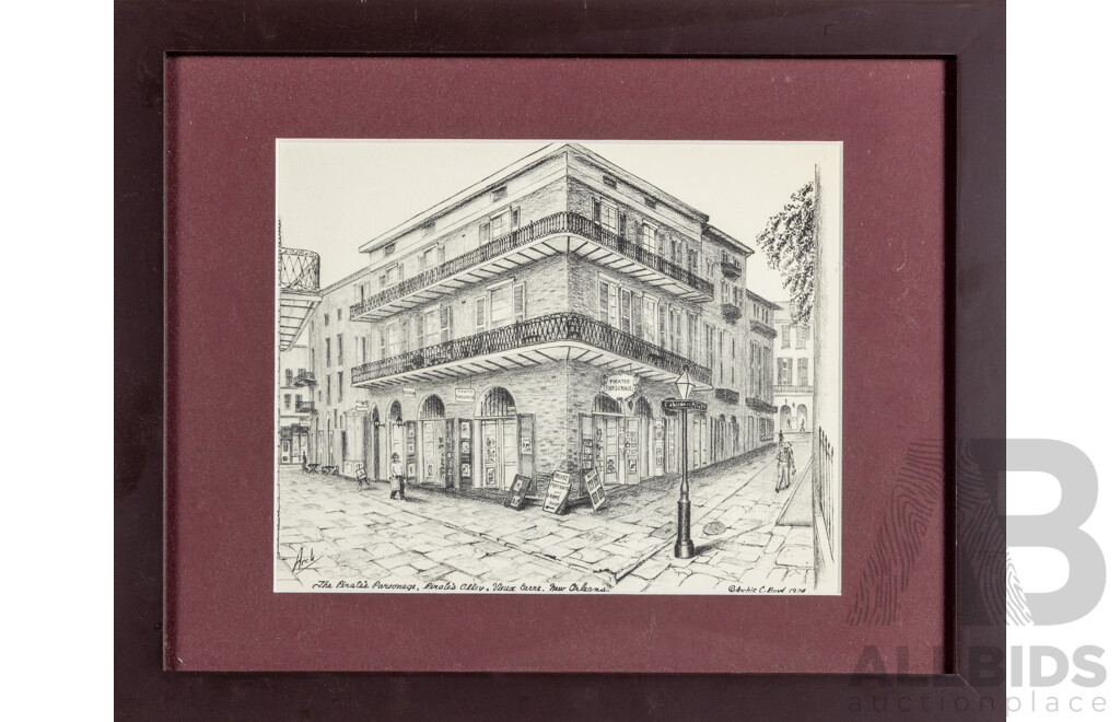 Archie C. Boyd (20th Century, American, 1928), Brulatour Courtyard & Pirate's Parsonage, New Orleans (1974), Pair of Prints After Original Drawings, 39H x 32W & 32W x 39H cm (frames) (2)