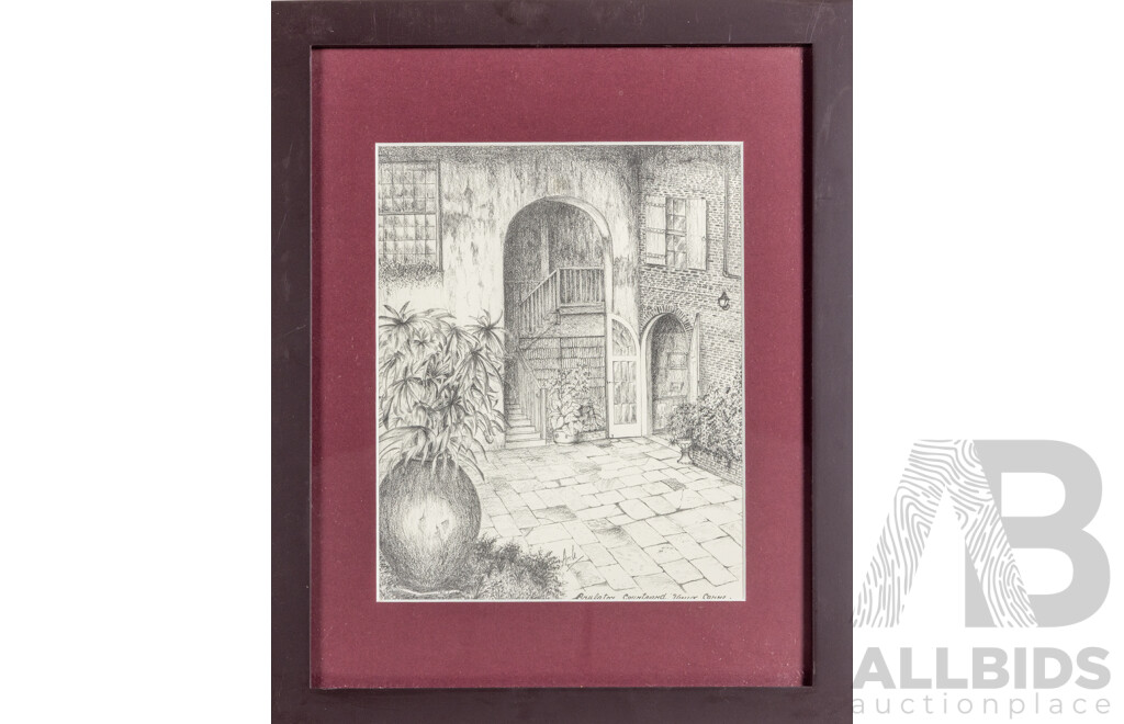Archie C. Boyd (20th Century, American, 1928), Brulatour Courtyard & Pirate's Parsonage, New Orleans (1974), Pair of Prints After Original Drawings, 39H x 32W & 32W x 39H cm (frames) (2)
