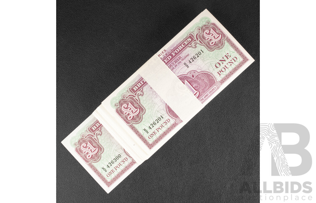 One Hundred British Armed Forces 1962 UNC One Pound Banknotes, Consecutive K2 426201 - K2 426300
