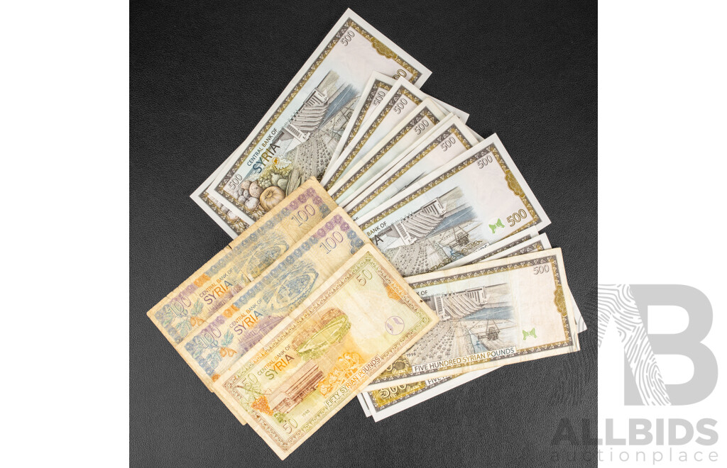 Collection of Syrian 1998 Banknotes Including Thirteen Five Hundred Pounds, Consecutive Pair and Triple, Two One Hundred Pounds, Fifty Pounds