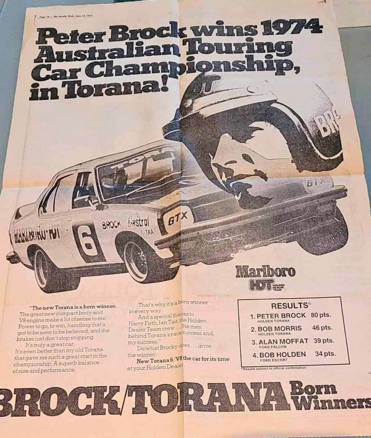 A poster celebrating Peter Brock's 1974 win. Photo: LH Torana SL/R 5000-L34 Option, Facebook.