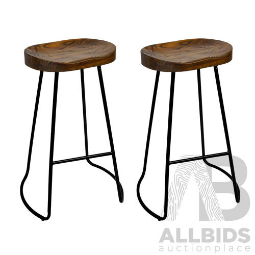 Set of 2 Steel Barstools with Wooden Seat 65cm - Brand New - Free Shipping