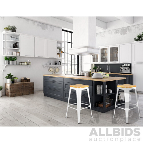 Set of 2 Steel Metal and Bamboo Bar Stool - White - Free Shipping