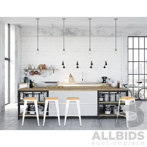 Set of 2 Steel Metal and Bamboo Bar Stool - White - Free Shipping