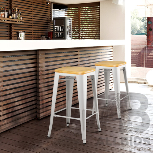 Set of 2 Steel Metal and Bamboo Bar Stool - White - Free Shipping