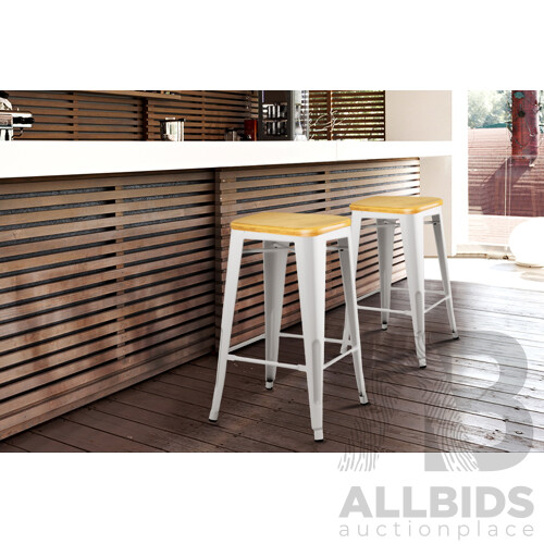 Set of 2 Steel Metal and Bamboo Bar Stool - White - Free Shipping