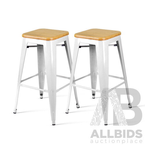 Set of 2 Steel Metal and Bamboo Bar Stool - White - Free Shipping