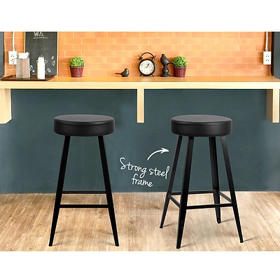 Set of 2 PU Leather Bar Stools Square Footrest - Black - Brand New - Free Shipping