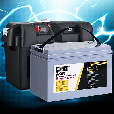130Ah Deep Cycle Battery & Battery Box 12V AGM Marine Sealed Power Solar