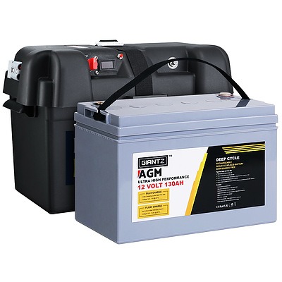 130Ah Deep Cycle Battery & Battery Box 12V AGM Marine Sealed Power Solar