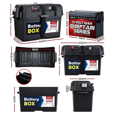 85Ah Deep Cycle Battery & Battery Box 12V AGM Marine Sealed Power Solar