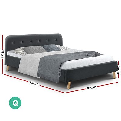 Queen Size Bed Frame Base Mattress Fabric Wooden Charcoal POLA - Brand New - Free Shipping
