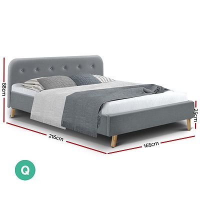 Queen Size Bed Frame Base Mattress Fabric Wooden Grey POLA - Brand New - Free Shipping