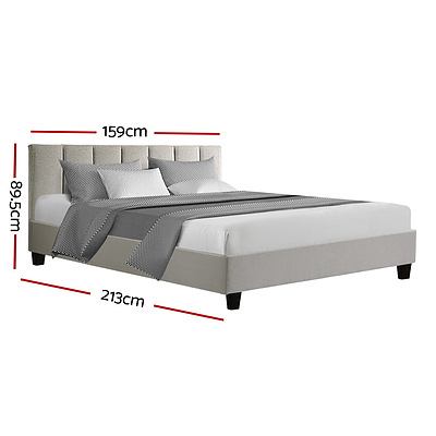 Bed Frame Queen Size Mattress Base Platform Fabric Wooden Beige