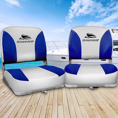 Set of 2 Folding Swivel Boat Seats - Grey & Blue - Brand New - Free Shipping