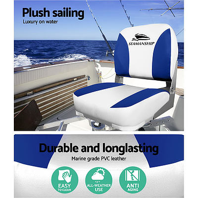 Set of 2 Folding Swivel Boat Seats - White & Blue - Brand New - Free Shipping