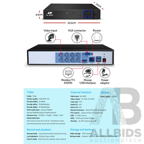 8CH 5 IN 1 DVR CCTV Security System Video Recorder /w 4 Cameras 1080P HDMI Black - Brand New - Free Shipping