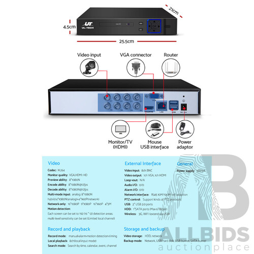 8CH 5 IN 1 DVR CCTV Security System Video Recorder /w 8 Cameras 1080P HDMI Black - Brand New - Free Shipping
