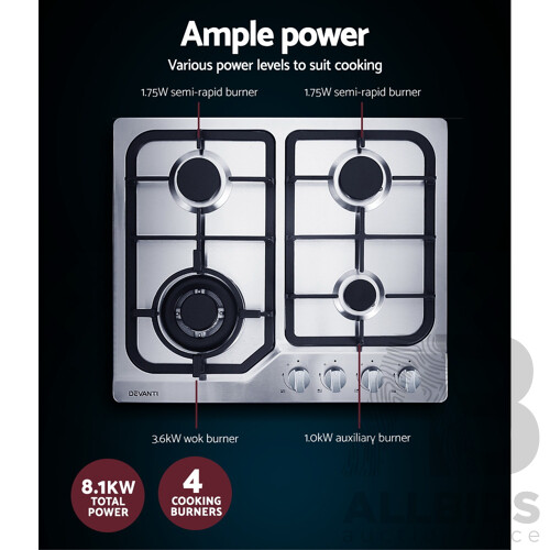 Gas Cooktop 60cm Gas Stove Cooker 4 Burner Cook Top Konbs NG LPG Steel - Brand New - Free Shipping