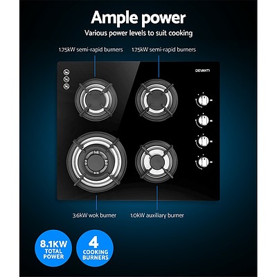 Gas Cooktop 60cm 4 Burner Glass Cook Top Cooker Stove Hob NG LPG Black - Brand New - Free Shipping
