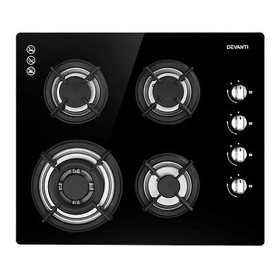 Gas Cooktop 60cm 4 Burner Glass Cook Top Cooker Stove Hob NG LPG Black - Brand New - Free Shipping
