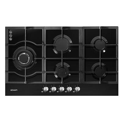 Gas Cooktop 90cm 5 Burner Stove Hob Cooker Kitchen NG LPG Black Glass - Brand New - Free Shipping