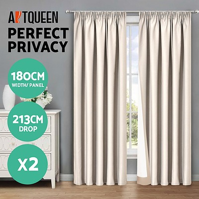 2 Pencil Pleat 180x213cm Blockout Curtains - Sand