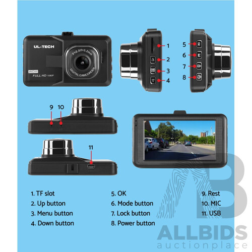 UL Tech 3 Inch Screen Dash Cam - Black - Brand New - Free Shipping