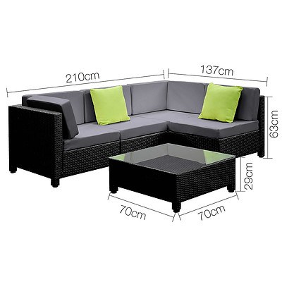 5 pcs Black Wicker Rattan 4 Seater Outdoor Lounge Set Grey - Brand New - Free Shipping