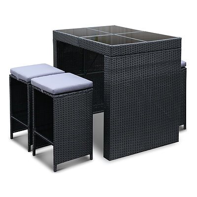 5 Piece Outdoor Furniture Bar Table and Stools Set 4 Chairs - Black - Free Shipping