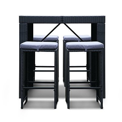 5 Piece Outdoor Furniture Bar Table and Stools Set 4 Chairs - Black - Free Shipping