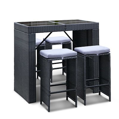 5 Piece Outdoor Furniture Bar Table and Stools Set 4 Chairs - Black - Free Shipping