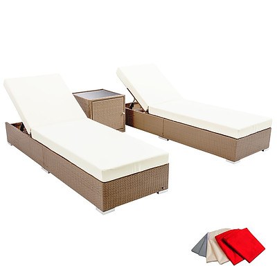 3 Piece Wicker Outdoor Furniture Sun Lounge Set - Brown - Free Shipping