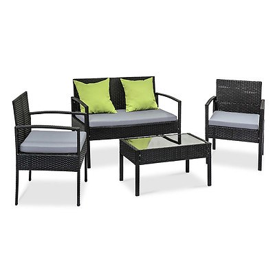 4 Seater Sofa Set Outdoor Furniture Lounge Setting Wicker Chairs Table Rattan Lounger Bistro Patio Garden Cushions Black
