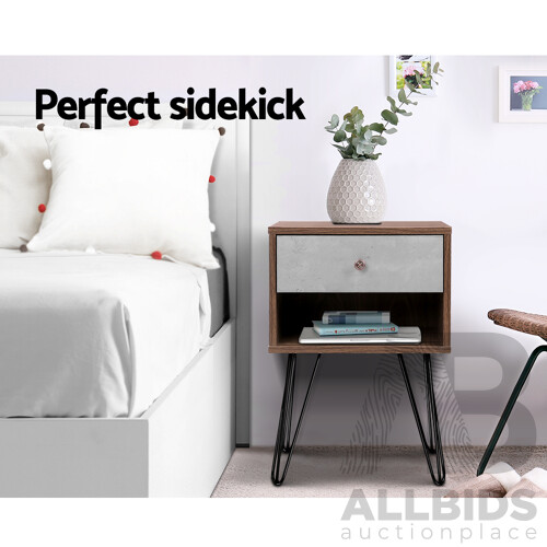 Bedside Table with Drawer - White & Walnut - Free Shipping
