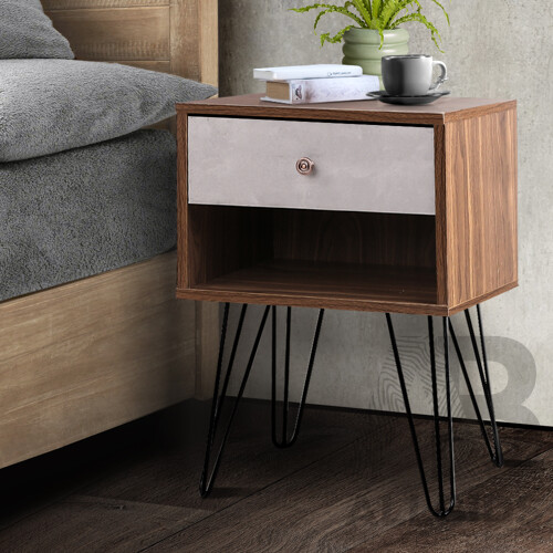 Bedside Table with Drawer - White & Walnut - Free Shipping