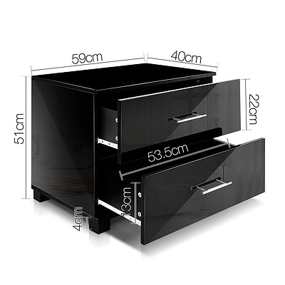 High Gloss Two Drawers Bedside Table - Black