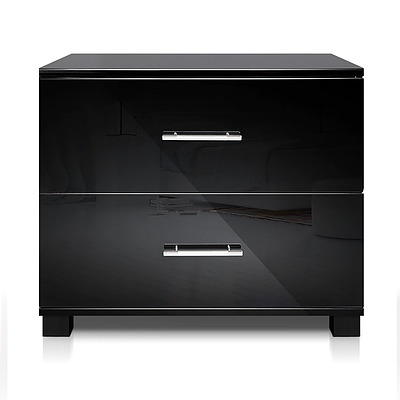 High Gloss Two Drawers Bedside Table - Black