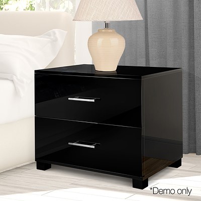 High Gloss Two Drawers Bedside Table - Black