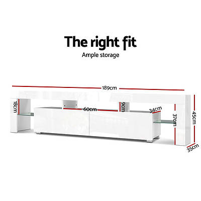 189cm RGB LED TV Stand Cabinet Entertainment Unit Gloss Furniture Drawers Tempered Glass Shelf White - Brand New - Free Shipping
