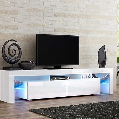 189cm RGB LED TV Stand Cabinet Entertainment Unit Gloss Furniture Drawers Tempered Glass Shelf White - Brand New - Free Shipping