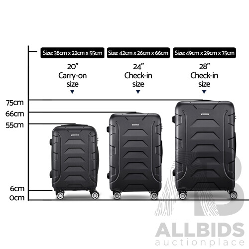 3PCS Carry On Luggage Sets Suitcase TSA Travel Hard Case Lightweight Black