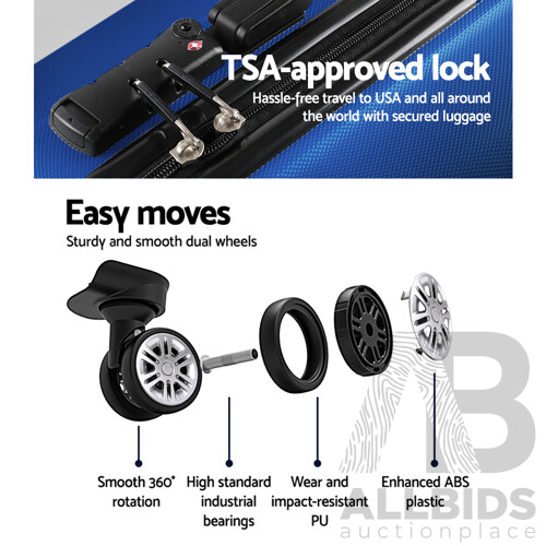 3PCS Carry On Luggage Sets Suitcase TSA Travel Hard Case Lightweight Blue