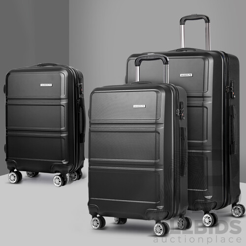 Wanderlite 3 Piece Lightweight Hard Suit Case Luggage Black  - Free Shipping