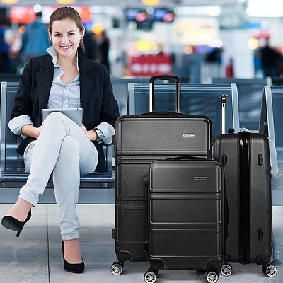 Wanderlite 3 Piece Lightweight Hard Suit Case Luggage Black  - Free Shipping