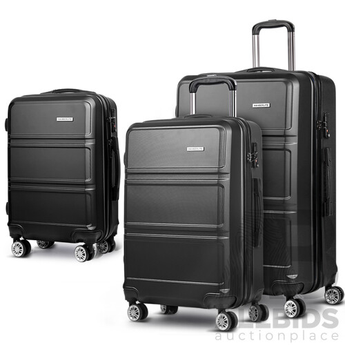Wanderlite 3 Piece Lightweight Hard Suit Case Luggage Black  - Free Shipping