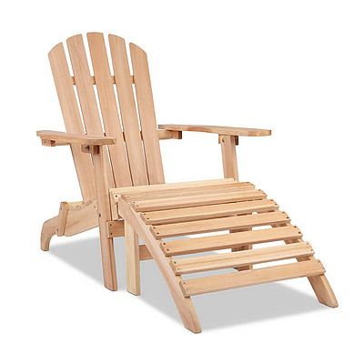 Outdoor Foldable Wooden Lounge Chair and Ottoman- Natural Wood - Free Shipping