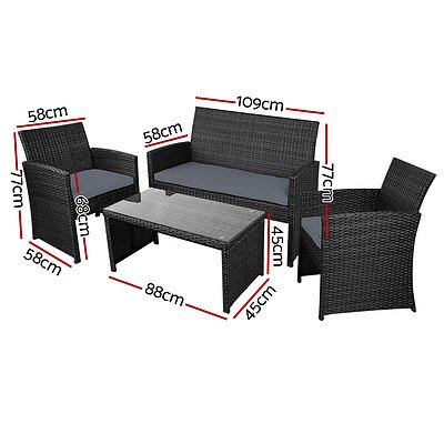 Set of 4 Outdoor Rattan Chairs & Table - Black 